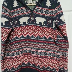Bear Winter Cabin 1/4 Zip Pullover Sweater Cotton Multicolor Geometric Cozy